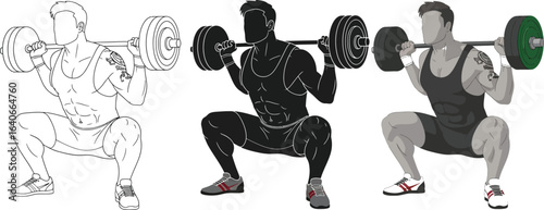 Three illustrations of a man doing squats with a barbell on his shoulders