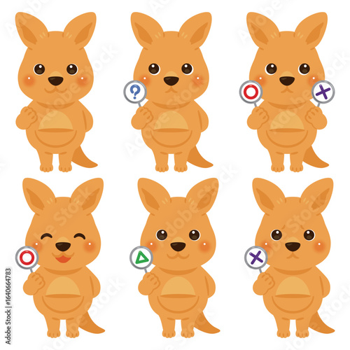 ○×△の札を持ったカンガルーのキャラクターイラストセット