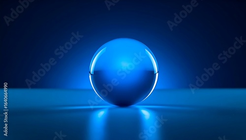 A reflective blue sphere sits on a surface, illuminated from below, casting a glow