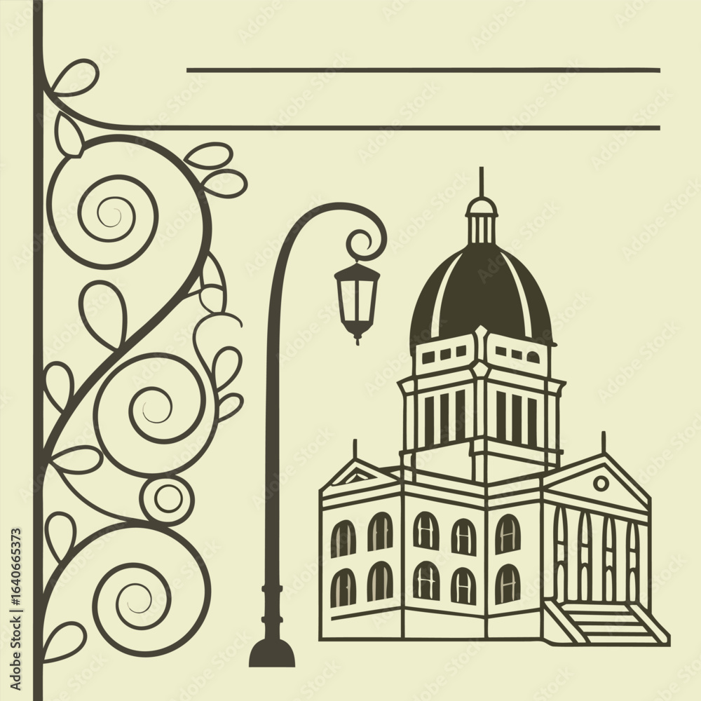 A decorative illustration featuring a stylized, outlined building with a dome, flanked by a vintage street lamp