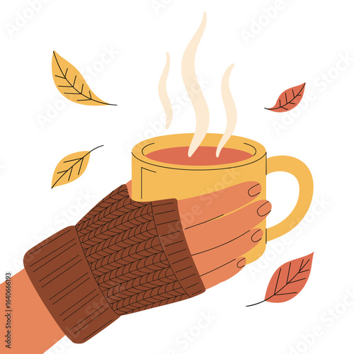 Hand wearing brown knitted glove holding steaming cup of tea or coffee surrounded by falling autumn leaves. Cozy fall season and warm beverage illustration