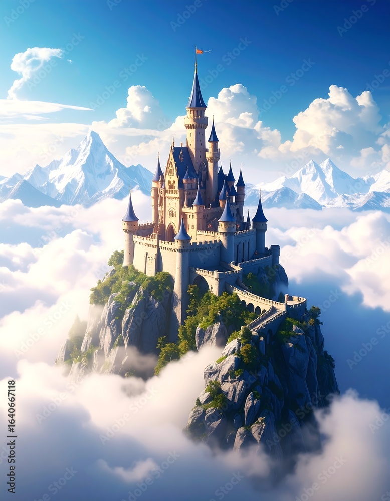Fairytale castle perched atop a cloud-shrouded mountain peak, under a bright blue sky Fairytale castle perched atop a cloud-shrouded mountain peak, under a bright blue sky