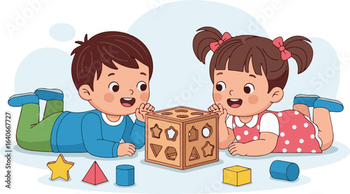 Happy cartoon boy and girl playing with a wooden shape sorter cube for cognitive development