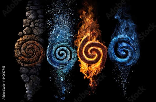 Four elemental symbols, spiraling, against a black backdrop.  Earth, water, fire, and air are depicted.  Each element is represented by a spiraling design