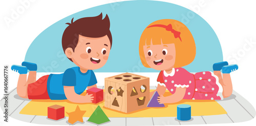 Happy children learning geometric shapes together with an educational puzzle toy