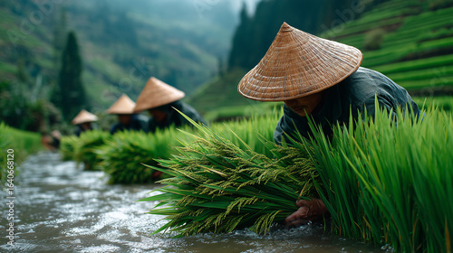Traditional rice harvest in Southeast Asia, workers in conical hats knee-deep in water, lush green terraces, overcast sky
