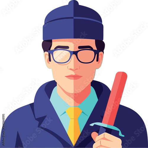 Vector Illustration of a Man Holding a Sword Wearing Glasses and Hat.