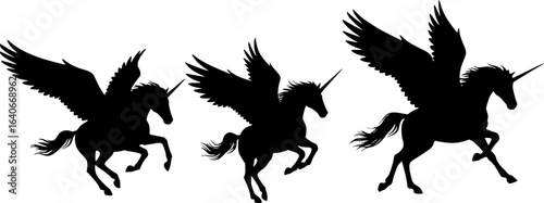 three winged unicorns, black silhouette, running, majestic, single horn, detailed wings, dynamic poses, on white background