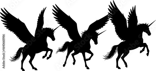 three winged unicorns, black silhouette, running, majestic, single horn, detailed wings, dynamic poses, on white background