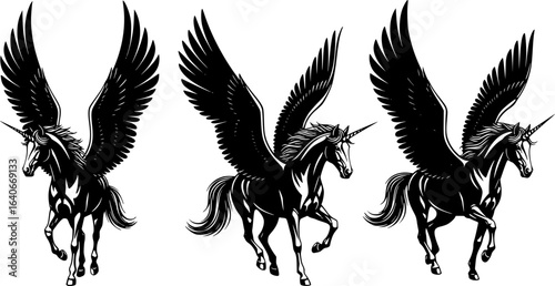 three winged unicorns, black silhouette, running, majestic, single horn, detailed wings, dynamic poses, on white background