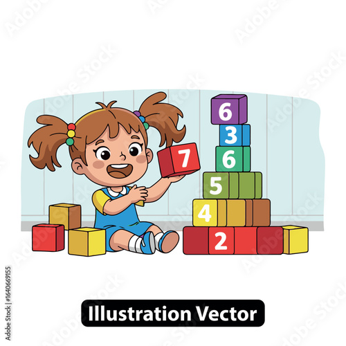 Cheerful cartoon girl engaged in constructive play, stacking numbered learning blocks.