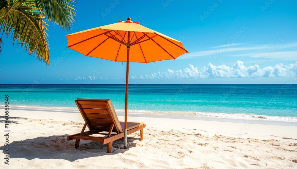 Idyllic beach scene with an orange parasol and a recliner on a sandy beach, ideal for summer getaway imagery and coastal living themes. Idyllic beach scene with an orange parasol and a recliner on a sandy beach, ideal for summer getaway imagery and coastal living themes.