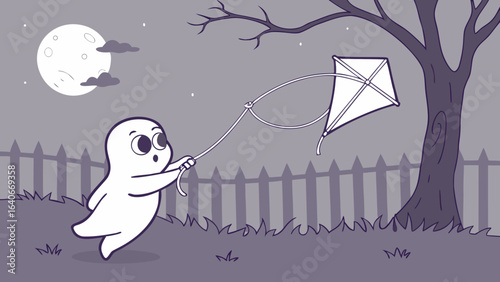 A cute cartoon ghost happily flying a kite under a full moon on a spooky night with a large tree and a wooden fence