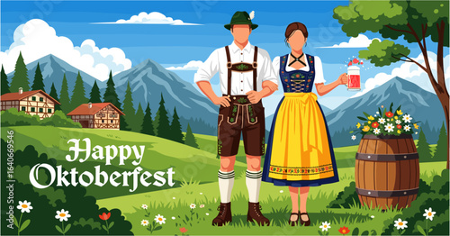 A German couple in traditional Bavarian attire celebrating the Oktoberfest festival in a scenic alpine landscape.