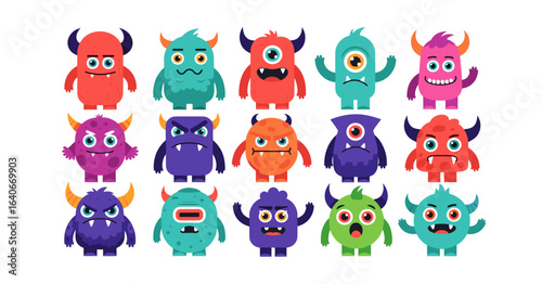 A vibrant collection of funny cartoon monster characters. Cute alien creature illustrations set on a white background.