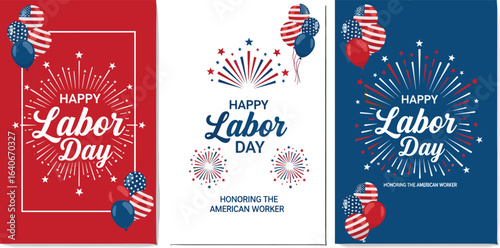 Happy labor day hand lettering background banner template decor with balloon flag of america