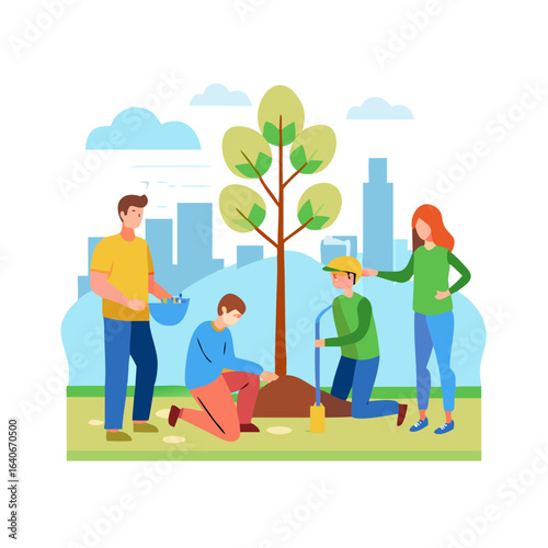 Family and community volunteers planting trees in a city park. People working together for environmental conservation and reforestation. Ecology, sustainability, Earth Day ... See More