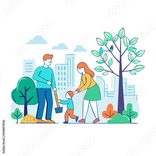 Family and community volunteers planting trees in a city park. People working together for environmental conservation and reforestation. Ecology, sustainability, Earth Day ... See More