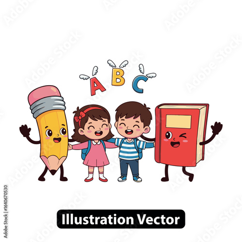Happy cartoon children with pencil and book mascots learning the alphabet together.