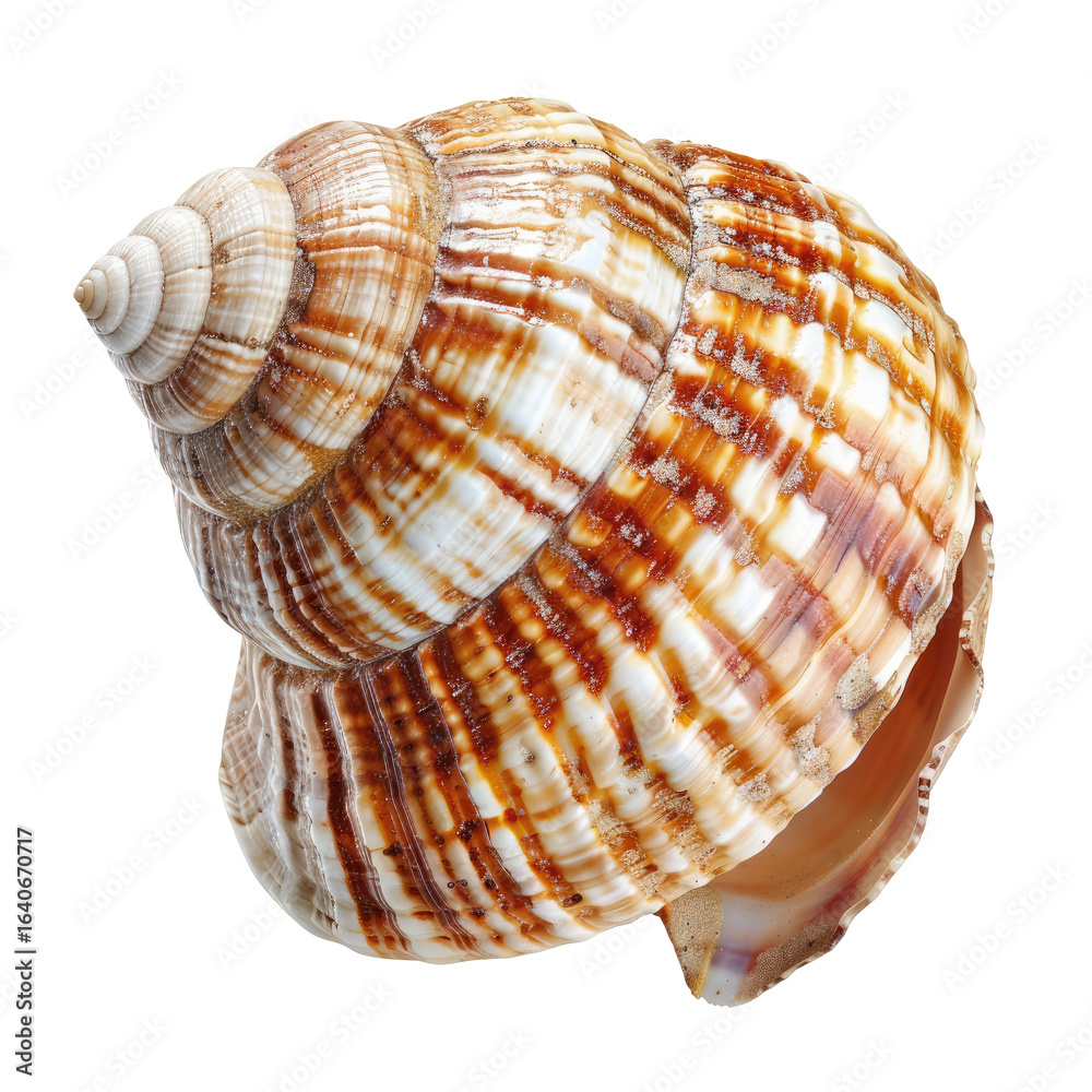 Close-up of a spiral seashell. Striated, light and dark brown bands spiral around the cone-shaped shell. Smooth, glossy surface. Natural, isolated on black Close-up of a spiral seashell. Striated, light and dark brown bands spiral around the cone-shaped shell. Smooth, glossy surface. Natural, isolated on black
