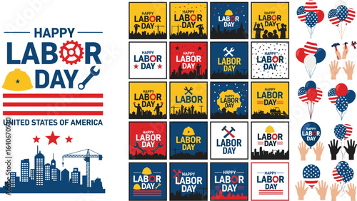 set of mega bundle USA Happy Labor Day celebration construction tools, Safety hard hat, helmet, crane, usa flag, balloon, social media post banner, and background pattern template