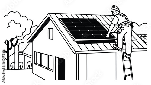 Man installing solar panels on a house roof with a ladder and trees in the background on a sunny day