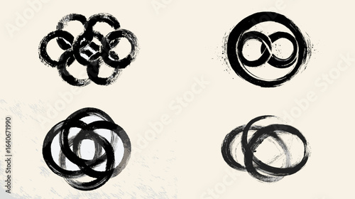 Abstract ink brush circle symbols inspired by Zen art and Japanese calligraphy, representing harmony, balance, and minimal aesthetic design elements.