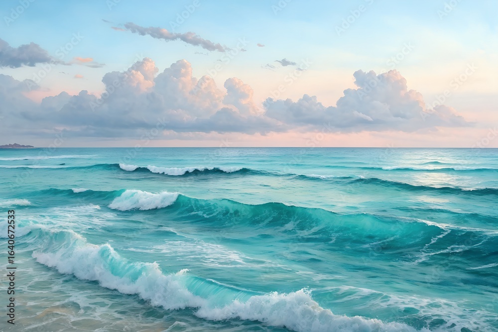 Fototapeta premium Turquoise ocean waves at golden hour, serene pastel seascape