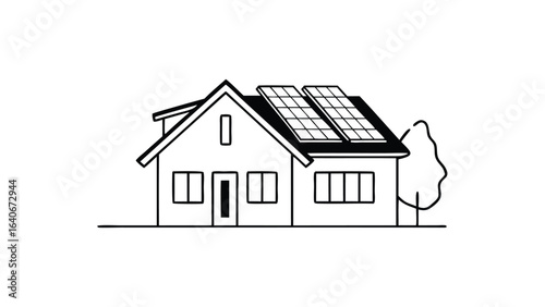 house with solar panels on the roof and a tree on the side in black and white