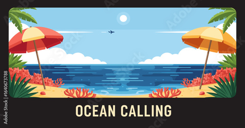 The ocean is calling with a serene tropical beach scene, featuring umbrellas, palm trees, and clear blue water for a summer vacation.