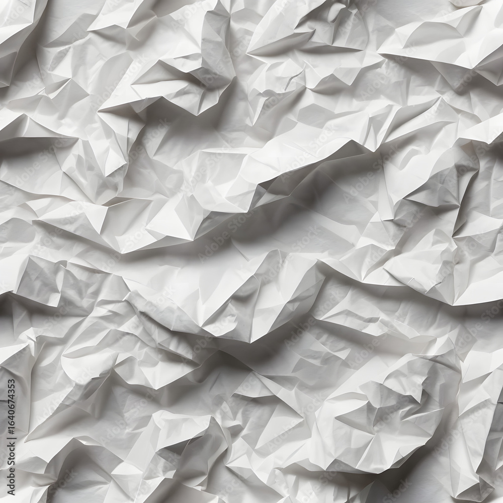Obraz premium Crumpled white paper texture with dramatic shadows and geometric folds.