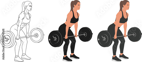Vector set showing a woman doing deadlifts in different representations