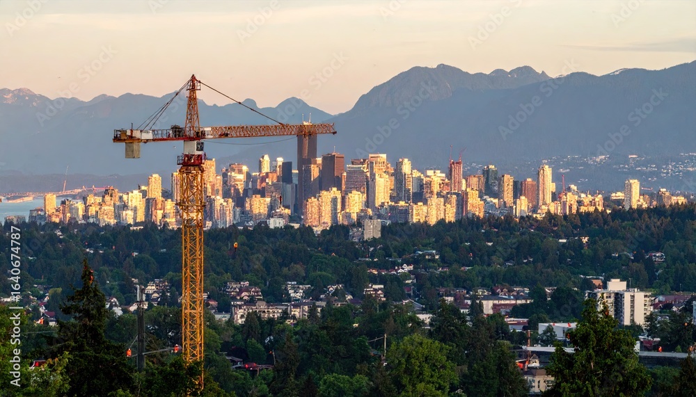 Naklejka premium A construction crane stands in the foreground, with the cityscape of Vancouver and mountains in the background during sunset.