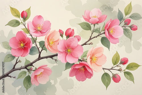 Delicate pink camellia flowers blooming on a branch