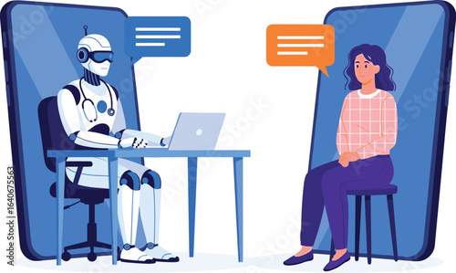 AI doctor bot working on laptop and talking to patient. Medical help of the future. Flat design illustration. Sick woman connects to teleconsultation with ai application.