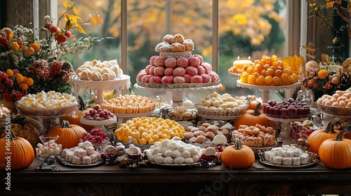 Festive Thanksgiving table adorned with Turkish delights surrounded by pumpkins candles and autumn leaves symbolizing gratitude and warmth