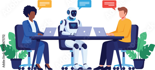 Employees sit at desk with AI robot and work on laptops. It is having a conversation and there are communication bubbles near their heads