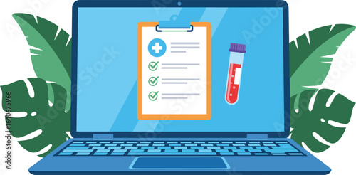 Illustartion graphic in flat design style. Blood test result graphic. Checklist on laptop screen with blood sample above it.