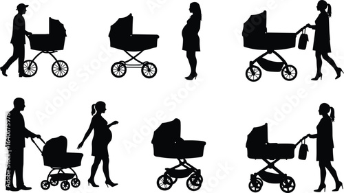 Cad drawing flat vector illustration, silhouette parents, baby strollers, pregnant women, childcare, family walking, parenting concept, black and white design