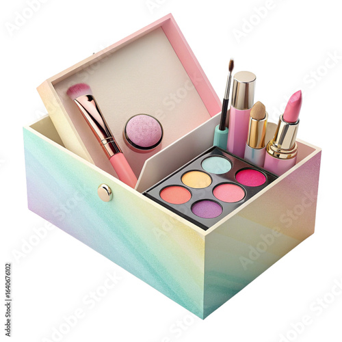 Organized makeup collection with vibrant eyeshadow palette and lipstick in a stylish organizer