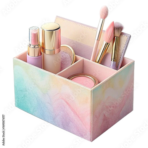 Stylish makeup organizer with brushes and cosmetics, perfect for vanity or desk organization