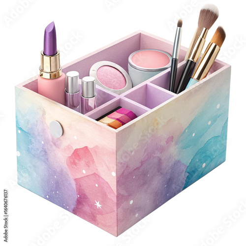 Chic watercolor makeup organizer brimming with beauty essentials for a glamorous touch