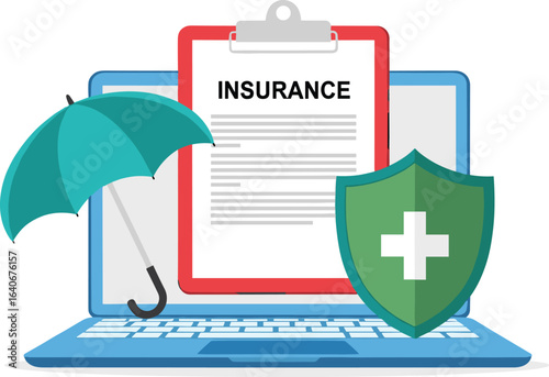FLat design illustration . Laptop with document. Insurance and employee protection. Insurance document on laptop screen