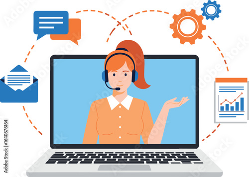 Illustration. A customer service representative is visible on a laptop screen. She has a headset. There is a speech bubble by her face. 