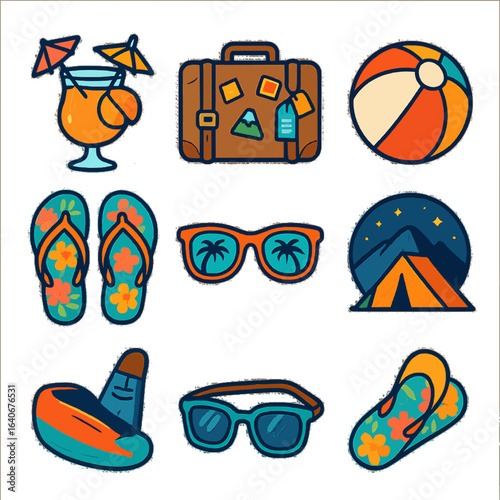 A set of colorful, simple vector icons for summer holidays and travel, including beach and camping items.