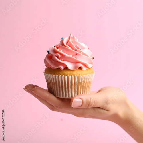 A single cupcake with pink frosting and sprinkles is gently held in a woman's hand against a pink background