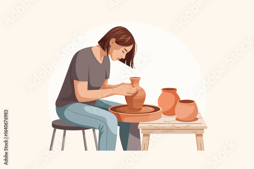 A clean flat vector illustration of a woman engaged in the craft of pottery, shaping clay on a potter's wheel in a workshop