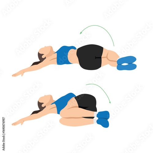 Woman doing windshield wiper ab exercise, targeting the core and obliques. Flat vector illustration isolated on white background