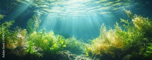 Obraz  z motywem Underwater world filled with waving seaweeds and water plants, captured in idyllic clean waters. This peaceful underwater scene conveys the beauty and tranquility of marine life, Generative AI