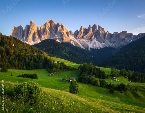 Picturesque alpine valley at sunrise